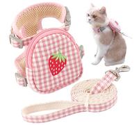 Xoeryoy Cat Harness and Leash, Cute Plaid Cat Harness with Strawberry Pattern Bag, Portable Lightweight Leash, Multifunctional Pet for Cats & Small Dogs, M &