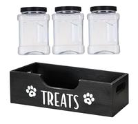 Xoeryoy Dog Food Storage Container, 3Pcs Plastic Dog Treat Jar with Wooden Holder & Handle, Non-Slip Portable Cat Food Storage for Snacks, Jerky, Biscuits and More