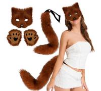 Xoeryoy Fox Costume Halloween Therian Mask, Tail and Furry Paws Plush Mask Fluffy Paw Gloves and Tails Cosplay Costumes for Women Halloween Dress up Party Red Brown
