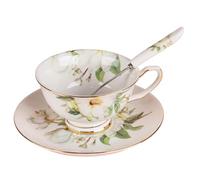 Xoeryoy Teacup and Saucer Set with Spoon, Vintage Floral Pattern Tea Cup and Saucer Set, 180ml Ceramic Teacup for Teahouse, Cafe & More