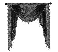Xoeryoy Waterfall Valance with Bead Tassels 39 x 41 Elegant Black Lace Valance Vintage Floral Curtains Semi Sheer Lace Curtains Privacy Gothic for Halloween, Bedroom, Living Room &