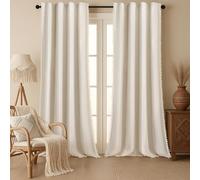 XOGUIBO Boho Blackout Curtains 96 Inches Long Beige Linen Blend 2 Panels with Tassels and Cotton Embroidery, Farmhouse Vintage Rustic Rod Pocket Drapes for Living Room or Bedroom