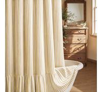 XOGUIBO Farmhouse Shower Curtain with Ruffle Hem Linen Shower Curtains for Bathroom Country Vintage Rustic Natural Fabric, Cream-Yellow Stripe 72" W x 84" L