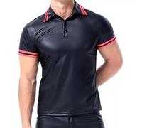 xokesy Men Shiny Leather T-Shirt, Plus Size, Soft Matte, Short Sleeve, Sexy Polo Shirt for Male, Black, Large