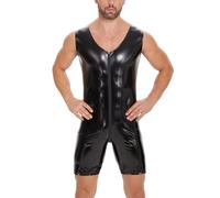 xokesy Men's Sexy Short Leather Bodysuit, Shiny PU Leather, Wetlook Bodywear Jersey with V-Neck Zip, One-Piece Sleeveless Jumpsuits, black, M