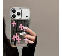xoniery Compatible with iPhone 17 Pro Case Cute Glossy Mirror Back Case,Pink Cross Pattern,Senior Shockproof Protection for Silver Lens Frame Case for Women Girls