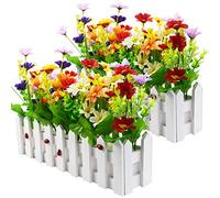 XONOR Artificial Flower Plants - Mixed Color Daisies in Picket Fence Pot for Indoor Office Wedding Home Decor (2 Sets, Daisy)
