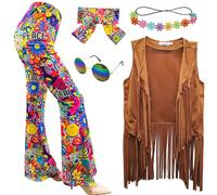 XonyiCos 6pcs 70s Fancy Dress Women Hippie Costume Disco Outfits Fringe Vest Boho Bell Bottoms Peace Accessories Set 70s 60s Fancy Dress for Women Adult Halloween Costume (Brown, XXL)