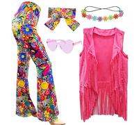 XonyiCos 6pcs 70s Fancy Dress Women Hippie Costume Disco Outfits Fringe Vest Boho Bell Bottoms Peace Accessories Set 70s 60s Fancy Dress for Women Adult Halloween Costume (Peace Love, M)
