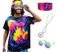 XonyiCos Hippie Costume for Men Women 60s and 70s colorful T-shirt sunglasses headband Peace necklace 4-piece theme party (Black 4-piece set, XX-Large)