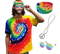 XonyiCos Hippie Costume for Men Women 60s and 70s colorful T-shirt sunglasses headband Peace necklace 4-piece theme party, T-shirt 4 Piece Set, XL