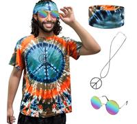 XonyiCos Hippie Costume for Men Women 60s and 70s colorful T-shirt sunglasses headband Peace necklace 4-piece theme party, Peace Orange Brown 4-piece Set, Medium