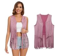XonyiCos Women's Fringe Vest 70s 60s Hippie Vest Sleeveless Cowgirl Western Faux Suede Tassel Leather Jacket Carnival and Role Play Costumes (Pink Tassel Vest, 3XL)
