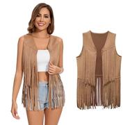 XonyiCos Women's Fringe Vest 70s 60s Hippie Vest Sleeveless Cowgirl Western Faux Suede Tassel Leather Jacket Carnival and Role Play Costumes (Khaki Tassel Vest, XXL)