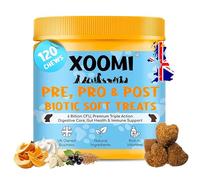 XOOMI Dog Probiotics, Pre, Pro & Postbiotic Soft Chews, 6 Strains & 6 Billion CFU, Gut Health, Loose Stools, Coprophagia & Digestive Support, 120 Chews with Pumpkin Papaya & Yoghurt, UK Brand
