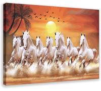 XOOPIT Wall Art: Horse Poster, Seven Lucky Running Wild Horses, Canvas Print, Framed/Unframed/Wrapped, 45L x 30W cm, Chinese Traditional Style, Living Room/Bedroom Decor