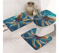 XOPEKVLAWM Bathroom Rugs Sets 3 Piece Soft Absorbent Bath Mats for Bathroom U-Shaped Contour Rug and Toilet Lid Cover Giant Octopus Bath Mat Non-Slip Area Rug Machine Washable Toilet Rug Floor Mats