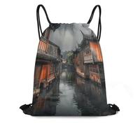 XOPEKVLAWM Drawstring Backpack Gym Bag Buildings by The River Backpack Cinch Tote Drawstring Bags for Sports String Bag