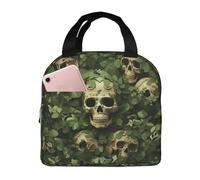 XOPEKVLAWM Insulated Lunch Bag for Men Women Reusable Lunchbox Green Background Skull and Leaves Lunch Box Leakproof Cooler Bags for Work Picnic