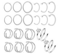 xoqoiuo 20 Pcs Silver Nose Ring Set, C-shape Nose Rings Rotundity Nose Piercing, Double Helix Noses Piercing Jewellery Double Noses Ring Suitable for Daily Wear Parties and Gift Giving