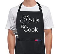 Xornis 100% Cotton Funny Apron Kiss The Cook for Men Women with 2 Pockets Kitchen Cooking Adjustable Bib Black Aprons Gifts for Dad Father's Day Birthday Anniversary