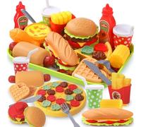 XOYTN 25Pcs Pretend Play Food Sets,Plastic Removable Hamburger Hot dog Pizza Fast Food Play set Fake Food Toys for Kids Kitchen Toys Accessories