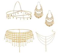 Xozeu Belly Dance Accessories for Women, Belly Dancer Hip Scarf, Gold Sequins Head Chain, Coin Drop Earrings, Hand Chain Bracelet, Gypsy Costume Halloween Party Prom Jewelry Set, Gold, Adjustable and