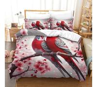 XPASHIQWC 3D Print Red Budgies Bedding Set Microfiber Cherry Blossom Branch With Zipper Closure Set for Kids Boys Girls Modern Bedroom Decor Single（135x200cm）