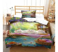 XPASHIQWC 3D Print White Cat Bedding Set Wisteria Garden with Hidden Zipper Microfiber for Kid Teens Boys And Girls Bedroom Dorm Decor Single(135x200cm)