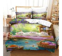 XPASHIQWC 3D Printing White Cat Microfiber Duvet Cover Wisteria Garden with Hidden Zipper And Pillow Cases for Adults Bedroom Decor Double(200x200cm)