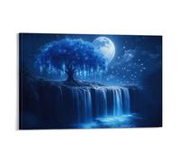 XPASHIQWC Blue Tree Poster Artwork Moonlit Waterfall Cliff Canvas Prints Picture Modern Canvas Wall Art Picture Wall Hanging for Living Room Bedroom Home Decorations 20x30inch(50x75cm)