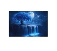 XPASHIQWC Blue Tree Poster Artwork Moonlit Waterfall Cliff Canvas Prints Picture Modern Wall Art Picture Wall Hanging for Office Gym Living Room Decor 24x36inch(60x90cm)
