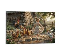 XPASHIQWC Country Girl Poster Artwork Barnyard Chicken Flock Canvas Prints Picture Modern Canvas Wall Art Picture Wall Hanging for Office Gym Living Room Decor 20x30inch(50x75cm)