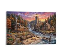 XPASHIQWC Lakeside Lighthouse Poster Artwork Cabins Autumn Stream Canvas Prints Picture Modern Wall Art Picture Wall Hanging for Office Gym Living Room Decor 24x36inch(60x90cm)