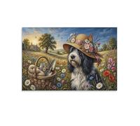 XPASHIQWC Pastoral Sheepdog Wall Decor Poster English Wildflower Field Giclee Canvas Prints Modern Wall Art Picture Wall Hanging for Dining Room Kitchen Home Office Decor 24x36inch(60x90cm)