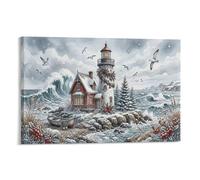 XPASHIQWC Red & White Lighthouse Wall Decor Poster Winter Coastline Canvas Prints Picture Modern Canvas Wall Art Picture Wall Hanging for Living Room Bedroom Home Decorations 16x24inch(40x60cm)