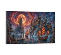 XPASHIQWC Steampunk Twin Cities Poster Artwork Blood Moon Harbor Canvas Prints Picture Modern Wall Art Picture Wall Hanging for Living Room Home Decorations 16x24inch(40x60cm)