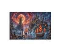 XPASHIQWC Steampunk Twin Cities Wall Decor Poster Blood Moon Harbor Giclee Canvas Prints Modern Wall Art Picture Wall Hanging for Bathroom Wall Decor 24x36inch(60x90cm)