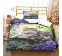 XPASHIQWC Tabby Cat 3D Printed Microfiber Duvet Cover Set Purple Wisteria Butterfly with Zipper Closure for Bedroom Dorm Decor Single(135x200cm)
