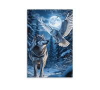 XPASHIQWC Wolf & Owl Poster Artwork Moonlit Snow Forest Canvas Prints Picture Modern Canvas Wall Art Picture Wall Hanging for Dining Room Kitchen Home Office Decor 16x24inch(40x60cm)