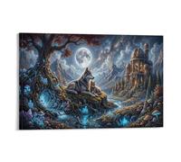 XPASHIQWC Wolf Poster Artwork Moonlit Forest Castle Canvas Prints Picture Modern Canvas Wall Art Picture Wall Hanging for Living Room Bedroom Home Decorations 24x36inch(60x90cm)