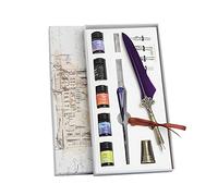 XPAU Crystal Dip Pen Set - 8 Colour Calligraphy Kit With Feather Quill Pen, 5 Ink Bottles & Gift Box For Beginners, Vintage Writing For Journaling, Wedding, Art (Purple)
