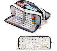 XPAU Large Capacity Double Zipper School Pencil Case - Canvas Organiser for Students, Artists & Professionals (White Black Dots)