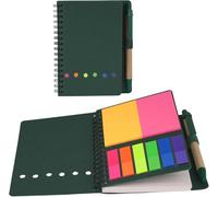 XPAU Lined Sticky Notes Notebook Set - 70 Pages with 150 Color Tabs, 50 Sticky Notes & Pen, Kraft Paper Organizer for Office, School, Journaling, 12x15cm (Green)