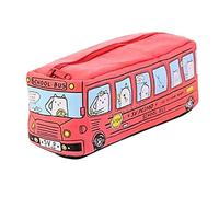 XPAU Pencil Case Animal School Bus Pencil Case - Kids Travel Organiser Canvas Stationery Bag with Animals | Yellow/Red/Blue/Orange (Red)
