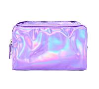 XPAU Rainbow Holographic Makeup Bag & Pencil Case Organiser - Handbag Size 18x10.5cm, PU Cosmetic Bag/Side Pocket (Gold/Silver/Purple) (Purple)