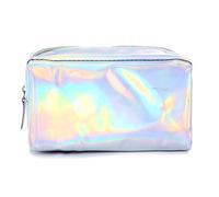XPAU Rainbow Holographic Makeup Bag & Pencil Case Organiser - Handbag Size 18x10.5cm, PU Cosmetic Bag/Side Pocket (Gold/Silver/Purple) (Silver)