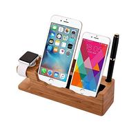 XPhonew 2 in 1 Bamboo Multifunction Charger Cradle Holder Charging Docking Station Charge Stand Compatible iPhone 16 15 14 13 12 Pro Max Apple Watch Ulrta 10 9 8 7 6 5 4 3 2 iWtach Samsung Smartphones