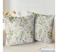 XPHZZL Cushion Covers Set of 2 Pack 50 x 50 cm - Soft Sage Green Wild Flower Plant Pillow Covers for Sofa Bed Garden Outdoor Spring Decor Flower Plant with Invisible Zipper