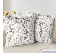 XPHZZL Cushion Covers Set of 2 Pack 55 x 55 cm Soft Sage Green Wild Flower Plant Pillow Covers for Sofa Bed Garden Outdoor Spring Decor Flower Plant with Invisible Zipper - Black/White